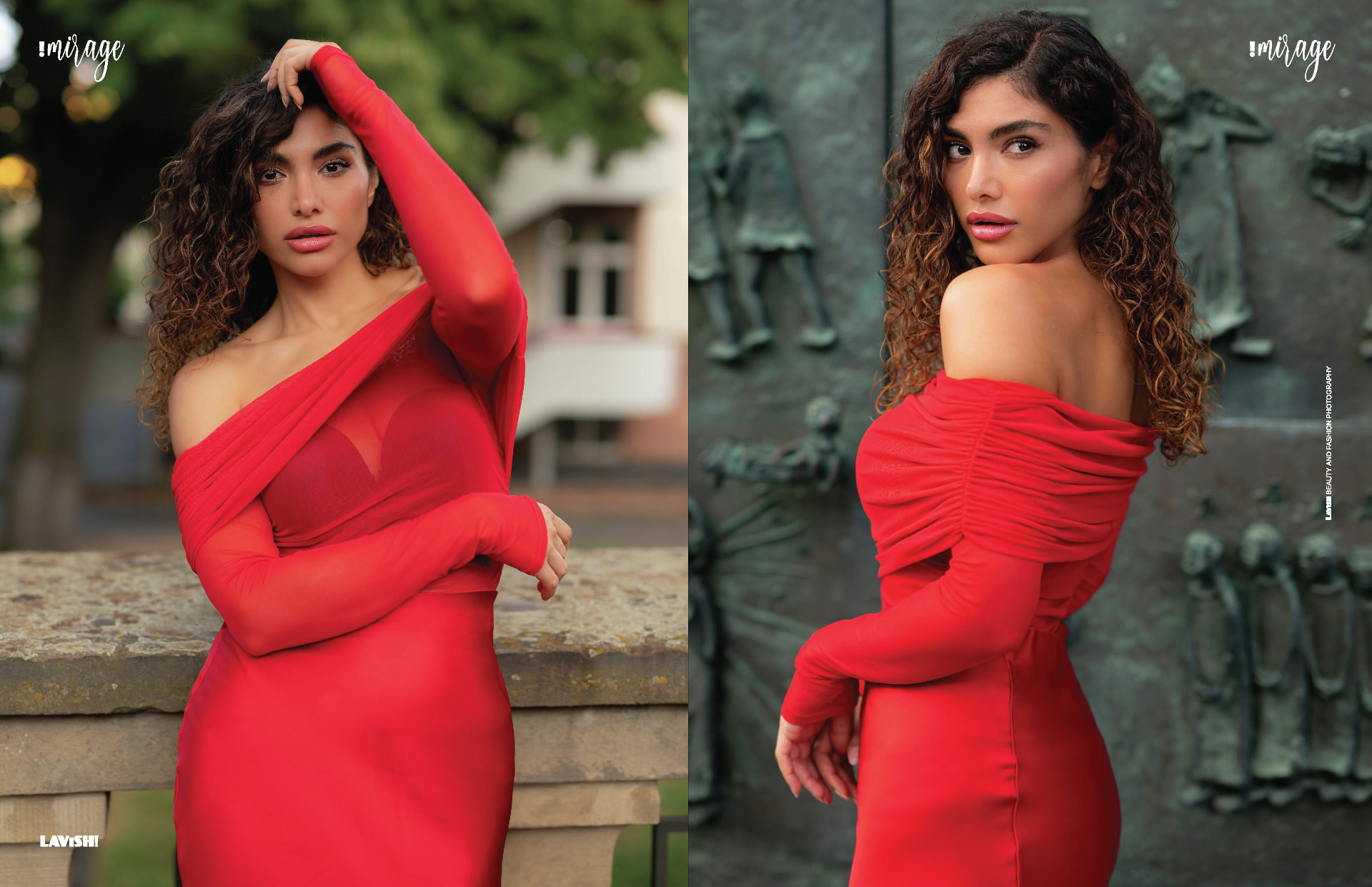 Femy Malekian in rotem Kleid auf der Straße